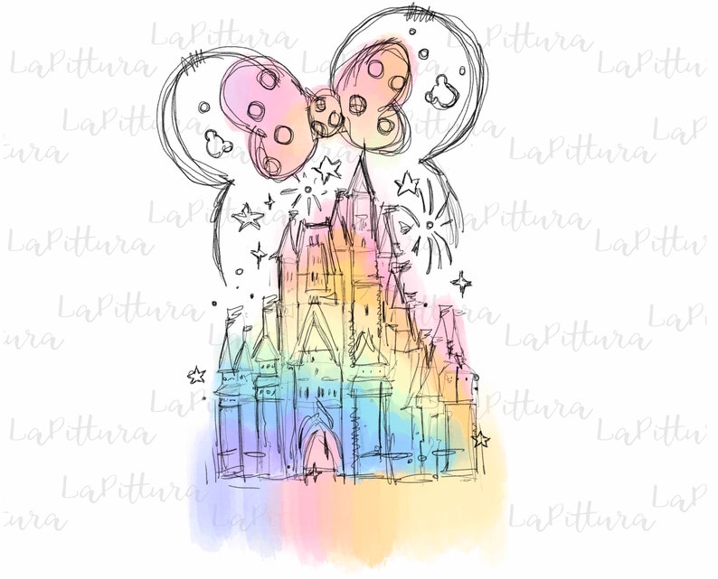 Peut inclure: Une illustration dessin&eacute;e &agrave; la main d'un ch&acirc;teau de conte de f&eacute;es avec un fond aquarelle arc-en-ciel. Le ch&acirc;teau a une haute tour pointue et une grande entr&eacute;e cintr&eacute;e. Il y a des &eacute;toiles et des feux d'artifice dans le ciel au-dessus du ch&acirc;teau. Le ch&acirc;teau est entour&eacute; d'un n&oelig;ud rose &agrave; pois blancs.