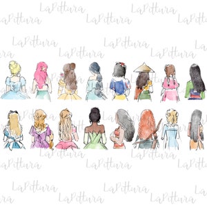 Princess Clipart, All princess separately, Watercolor Princess PNG, Printable Digital Download
