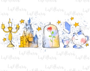 Watercolor beauty and the beast PNG Clipart Printable Digital Download