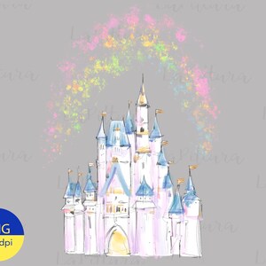 Op de afbeelding: Een aquarel-illustratie van een sprookjeskasteel in roze en blauwe kleuren. Het kasteel heeft meerdere torens en een grote centrale toren. Het kasteel is omgeven door een fantasierijk regenboogkleurig sprankelend effect.