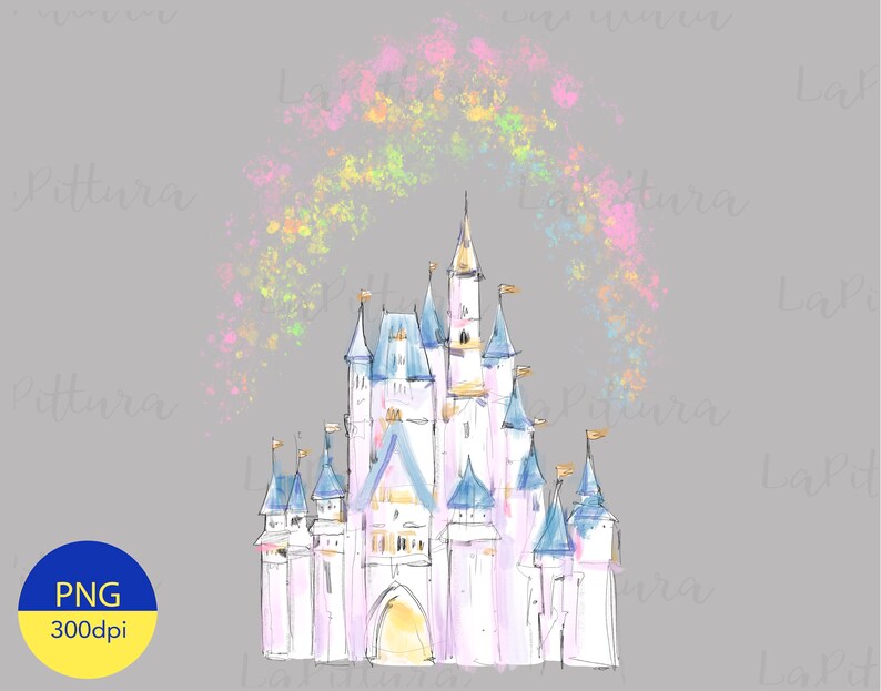 Op de afbeelding: Een aquarel-illustratie van een sprookjeskasteel in roze en blauwe kleuren. Het kasteel heeft meerdere torens en een grote centrale toren. Het kasteel is omgeven door een fantasierijk regenboogkleurig sprankelend effect.