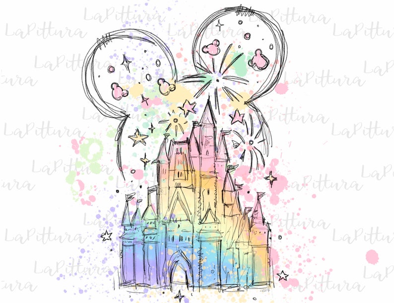 May include: A hand-drawn illustration of a fairytale castle with rainbow colors and fireworks. The castle is inside a pair of Mickey Mouse ears with a watercolor background.