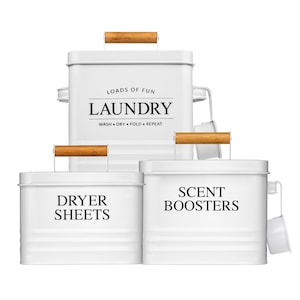 Laundry Room Organization Bundle – Modern Farmhouse Laundry Powder Container, Dryer Sheets Holder & Scent Boosters Container | Calindiana