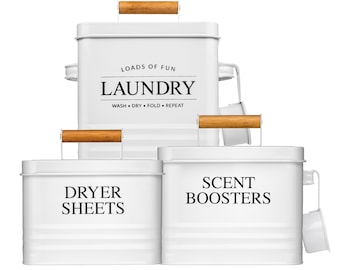 Calindiana Modern Farmhouse Laundry Powder Container, Dryer Sheets Holder and Scent Boosters Container Bundle for Laundry Room Organization