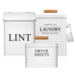 Laundry Room Organization Bundle – Modern Farmhouse Magnetic Lint Bin, Dryer Sheets Holder & Laundry Powder Container | Calindiana