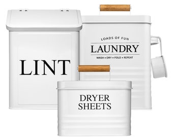 Laundry Room Organization Bundle – Modern Farmhouse Magnetic Lint Bin, Dryer Sheets Holder & Laundry Powder Container | Calindiana