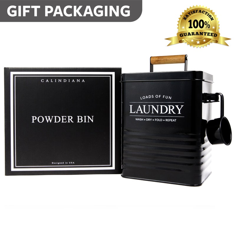 May include: Black metal laundry powder bin with a wooden handle and a scoop. The bin has white text that reads "Loads of Fun Laundry Wash Dry Fold Repeat". The bin is packaged in a black box with white text that reads "Calindiana Powder Bin Designed in USA".