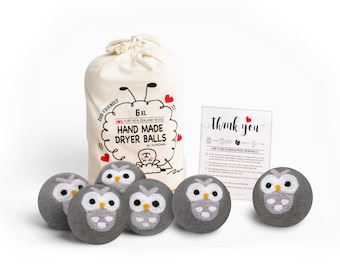 Wool Dryer Balls, Handmade New Zealand Wool, Owl Design, Eco Friendly, Set of 6