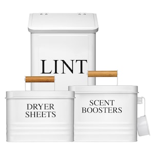 Laundry Room Organization Bundle – Modern Farmhouse Magnetic Lint Bin, Dryer Sheets Holder & Laundry Powder Container | Calindiana