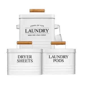 Laundry Room Organization Bundle – Modern Farmhouse Laundry Powder Container, Dryer Sheets Holder & Laundry Pods Container | Calindiana