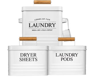 Laundry Room Organization Bundle – Modern Farmhouse Laundry Powder Container, Dryer Sheets Holder & Laundry Pods Container | Calindiana