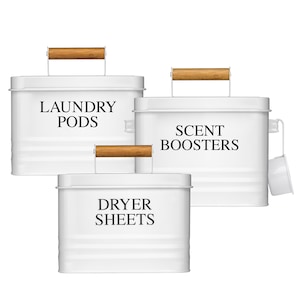 Laundry Room Organization Bundle – Modern Farmhouse Dryer Sheets Holder, Laundry Pods Container & Scent Boosters Holder | Calindiana