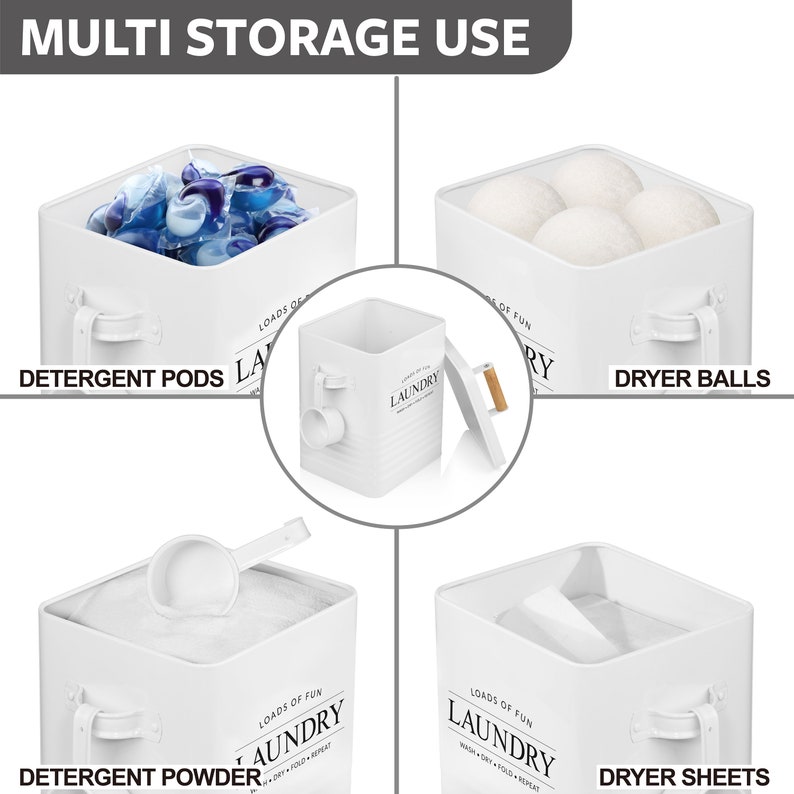 May include: Four white metal containers with lids and a scoop. Each container has the word "Laundry" printed on the front and is filled with different laundry items. The containers are labeled "Detergent Pods", "Detergent Powder", "Dryer Balls", and "Dryer Sheets".