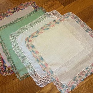 Four Vintage Linen Hankies Crocheted Edges Lot