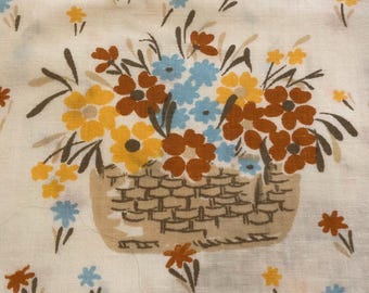 Vintage Perma Prest Muslin Twin Flat Sheet 70s Flowers Baskets Pretty For Fall