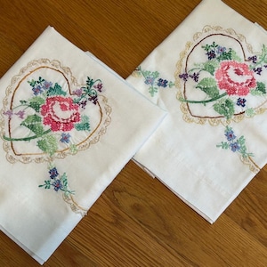 2 Vintage Embroidered Cross Stitch Pillowcases Hearts & Roses