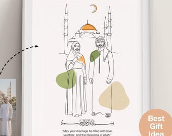 Custom Islamic Wedding Line Art Portrait, Nikkah Couple Illustration from Photo, Minimalist Muslim Wedding Gift, Personalized Printable Art