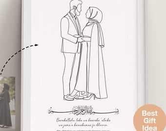 Custom Nikkah Faceless Portrait from Photo, Minimalist Muslim Wedding Line Art, Personalized Islamic Couple Gift, Printable Art