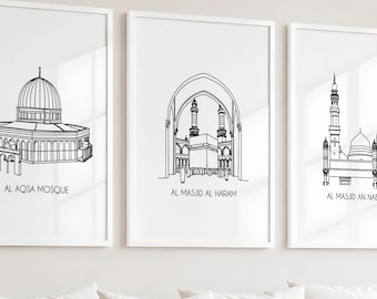 Holy Mosques Gallery Wall Set of 3 | Al Aqsa Mosque, Masjid Al Haram & Al Masjid An Nabawi Line Art Print | Islamic Wall Art Digital Print