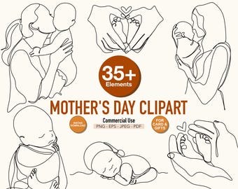 Mother’s Day Clipart Bundle, Mom and Baby EPS PNG, Motherhood Line Art Commercial Use, Minimalist Mother's Day Illustration