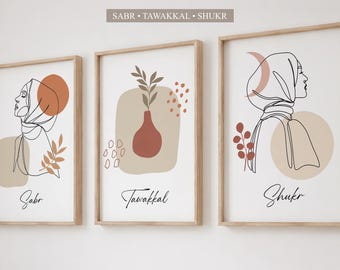 Muslimah Line Art Wall Decor Set of 3 Printable, Sabr Tawakkal Shukr Islamic Wall Art, Neutral Beige Muslim Women Decor