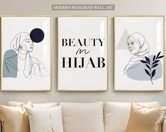 Muslimah Line Art Print Set, Luxury Islamic Wall Art, Neutral Hijabi Decor, Modern Muslim Woman Printable, Minimalist Islamic Home Decor