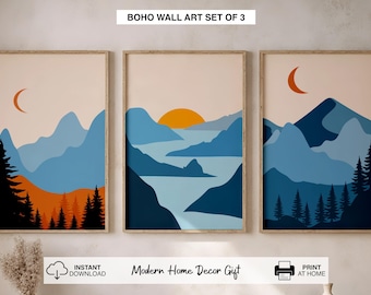 Neutral Mountain Wall Art Set of 3 Prints, Blue Terracotta Poster, Mid Century Modern Home Decor, Boho Printable Wall Decor