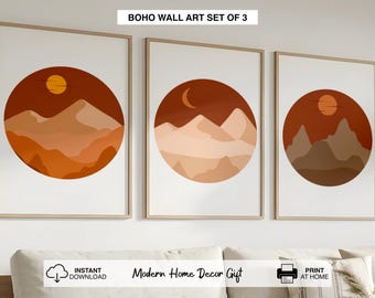 Boho Desert Landscape Wall Art Set of 3 Prints, Circle Terracotta Poster, Mid Century Mountain Sun Art, Boho Printable Wall Decor