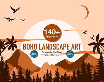 Boho Landscape Clipart Bundle, Mountain & Desert Vector Set, Minimalist Nature Illustration, Sunset Art, EPS PNG JPG Commercial Use