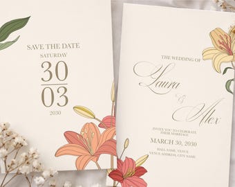 Elegant Floral Wedding Invitation Template | Minimalist Save The Date Card | Editable Wedding Invite Set | Botanical Wedding Printable