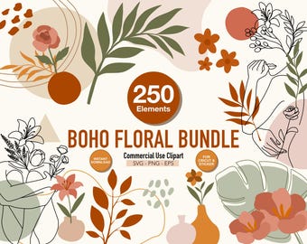 Boho Floral Clipart Bundle, Botanical Flowers Wildflower Line Art Woman, Neutral Earth Tone Shapes, Boho Elements, Digital Download