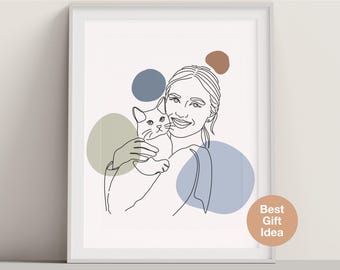 Custom Pet and Owner Portrait from Photo, Minimalist Line Art, Personalized Gift Dog Cat Illustration, Instan Digital