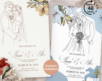 Custom Wedding Invitation Minimalist Line Art | Personalized Couple Illustration | Digital Download