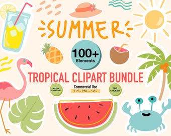 Summer Clipart Bundle PNG SVG | Tropical Party Illustration Set | Beach Icons, Flamingo, Palm, Watermelon | Commercial Use Graphics