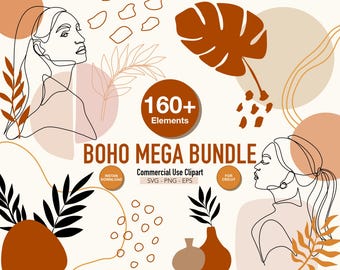 Boho Clipart Bundle, Abstract Line Art Illustrations, Neutral Earth Tone Shapes, Floral Minimalist Elements, Digital Download
