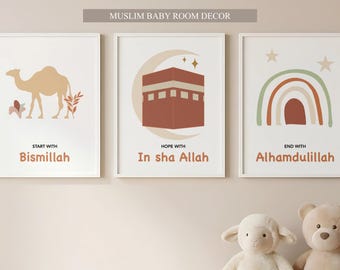 Islamic Nursery Wall Art Set of 3 Printable, Muslim Baby Room Decor Bismillah InshaAllah Alhamdulillah, Neutral Kids Wall Art