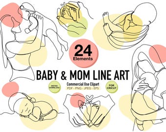 Mom and Baby Clipart Bundle | Motherhood Minimalist Line Art Illustration | Baby Shower Digital Download