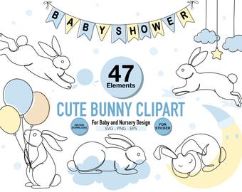 Cute Bunnies Clipart | Baby Bunny Nursery Illustration, Minimalist Line Art Baby Shower | Cricut File SVG PNG EPS