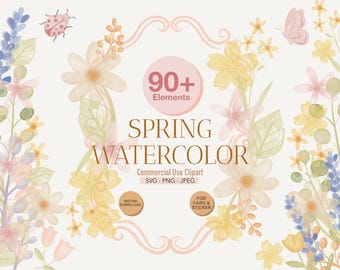 Spring Watercolor Clipart Bundle, Tiny Flowers Botanical Florals Spring Animals Butterflies and Birds Wedding, Whimsical Watercolors SVG PNG