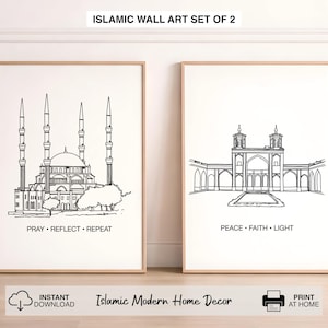 May include: Set of two framed Islamic wall art prints. Each print features a black and white line drawing of a mosque. One print has the text "PRAY • REFLECT • REPEAT", and the other has the text "PEACE • FAITH • LIGHT".