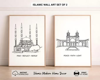 Islamic Wall Art Set of 2 Printable, Minimalist Mosque Line Drawing, Neutral Beige Muslim Decor, Modern Islamic Art