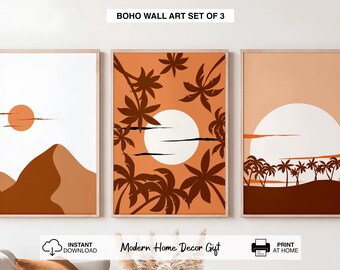 Boho Landscape Wall Art Set of 3 Prints, Terracotta Poster, Mid Century Modern Sun Art, Boho Printable Wall Decor
