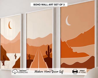 Boho Printable Wall Art Set of 3, Earth Tone Landscape Art Prints, Living Room Decor Printable, Digital Download