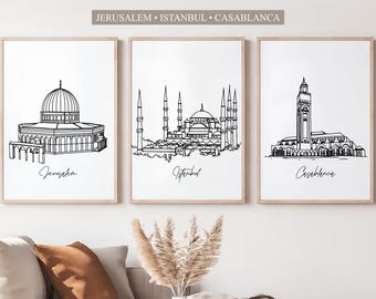 Famous Mosque Wall Art Set of 3 Printable, Jerusalem Istanbul Casablanca Line Art, Neutral Islamic Home Decor Download
