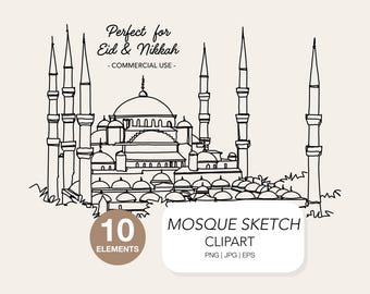 Mosque Clipart Line Art, Islamic Architecture Sketch, Minimalist Masjid Illustration PNG EPS JPG, Ramadan Eid Card Design, Commercial Use