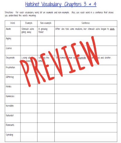 hatchet common core comprehension questions with vocabulary etsy