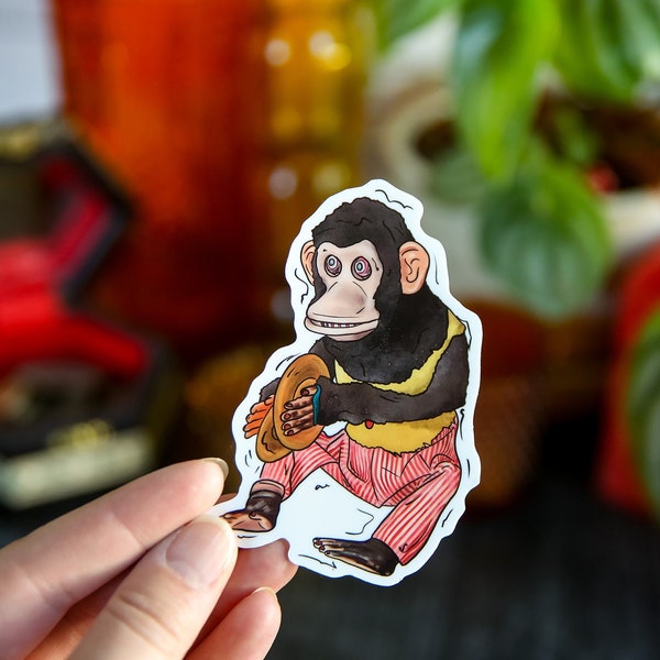 Vintage Clapping Monkey Sticker, Cymbal Monkey Illustration, Creepy Antique Art, Circus Monkey Sticker, Waterproof Sticker, Journal Sticker