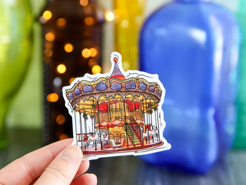 Paris Carousel Sacre Coeur Sticker, Vintage Carousel Sticker, Waterproof Sticker, Vinyl Sticker, Sticker for Hydroflask, Paris Art Sticker image 1