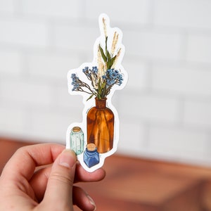 Vintage Glassware Sticker, Vintage Glass Bottles, Flower Stickers for Hydroflask, Waterproof Sticker, Vinyl Sticker, Blue Flower Sticker