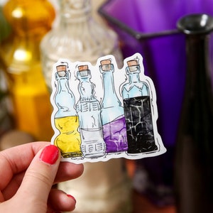 May include: A sticker featuring four glass bottles with cork stoppers. The bottles are filled with different colored liquids: yellow, clear, purple, and black. The sticker is on a white background.